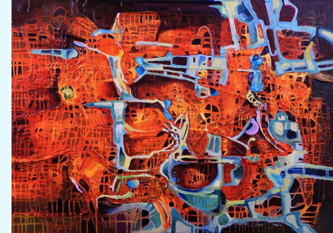 Système Sanguin simplifié (Vereinfachtes Blutkreislaufsystem), abstraktes Werk des französischen Künstlers Daniel Pilot, 2014, Öl auf Leinwand oder Holz