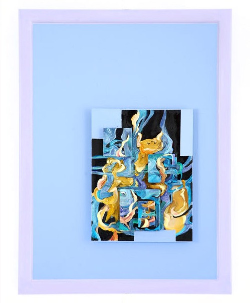 Iris en goguette, abstraktes Werk des französischen Künstlers Daniel Pilot, 2005, Kleine Leinwände auf einer weiteren bemalten Leinwand