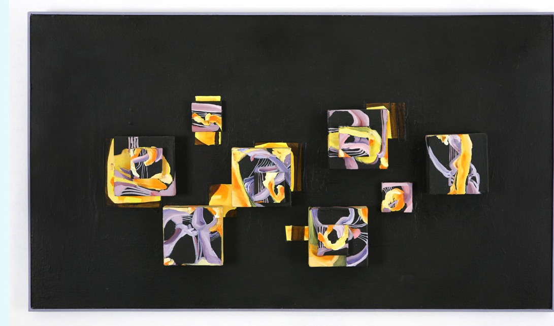Lyre sans son (Klanglose Leier), abstraktes Werk des französischen Künstlers Daniel Pilot, 2006, Kleine Leinwände auf einer weiteren bemalten Leinwand