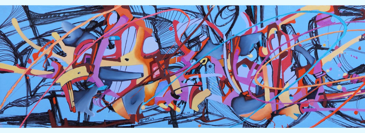 Mathieuserie | Bataille d’Iéna (Mathieuserie | Schlacht bei Jena), abstraktes Werk des französischen Künstlers Daniel Pilot, 2016, Öl und Acryl auf Tafel