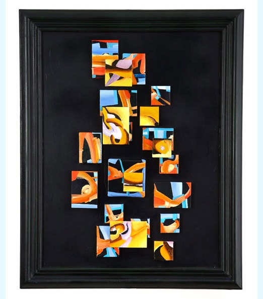 Puzzle, abstraktes Werk des französischen Künstlers Daniel Pilot, 2006, Kleine Leinwände auf einer weiteren bemalten Leinwand